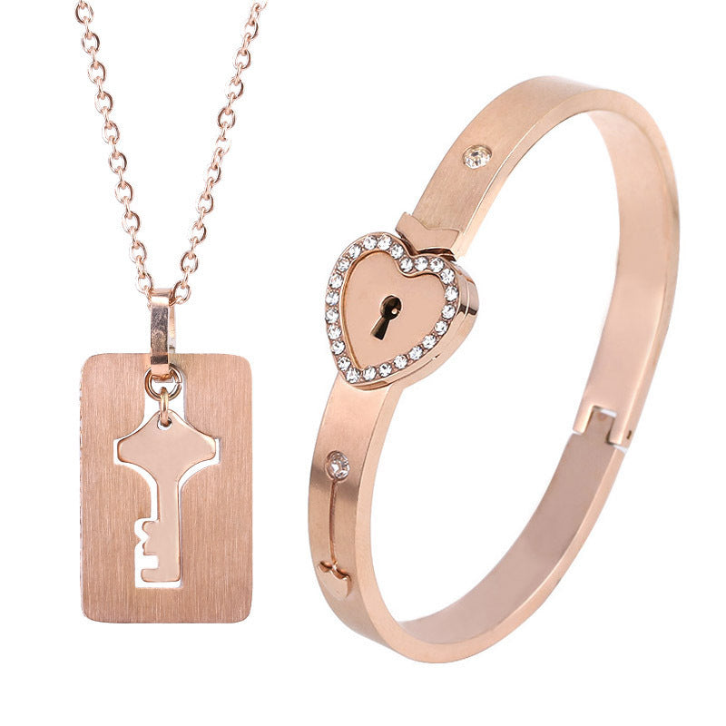 Fashion Jewelry Titanium Steel Couple Love Lock, Bracelet, Key Set, Necklace