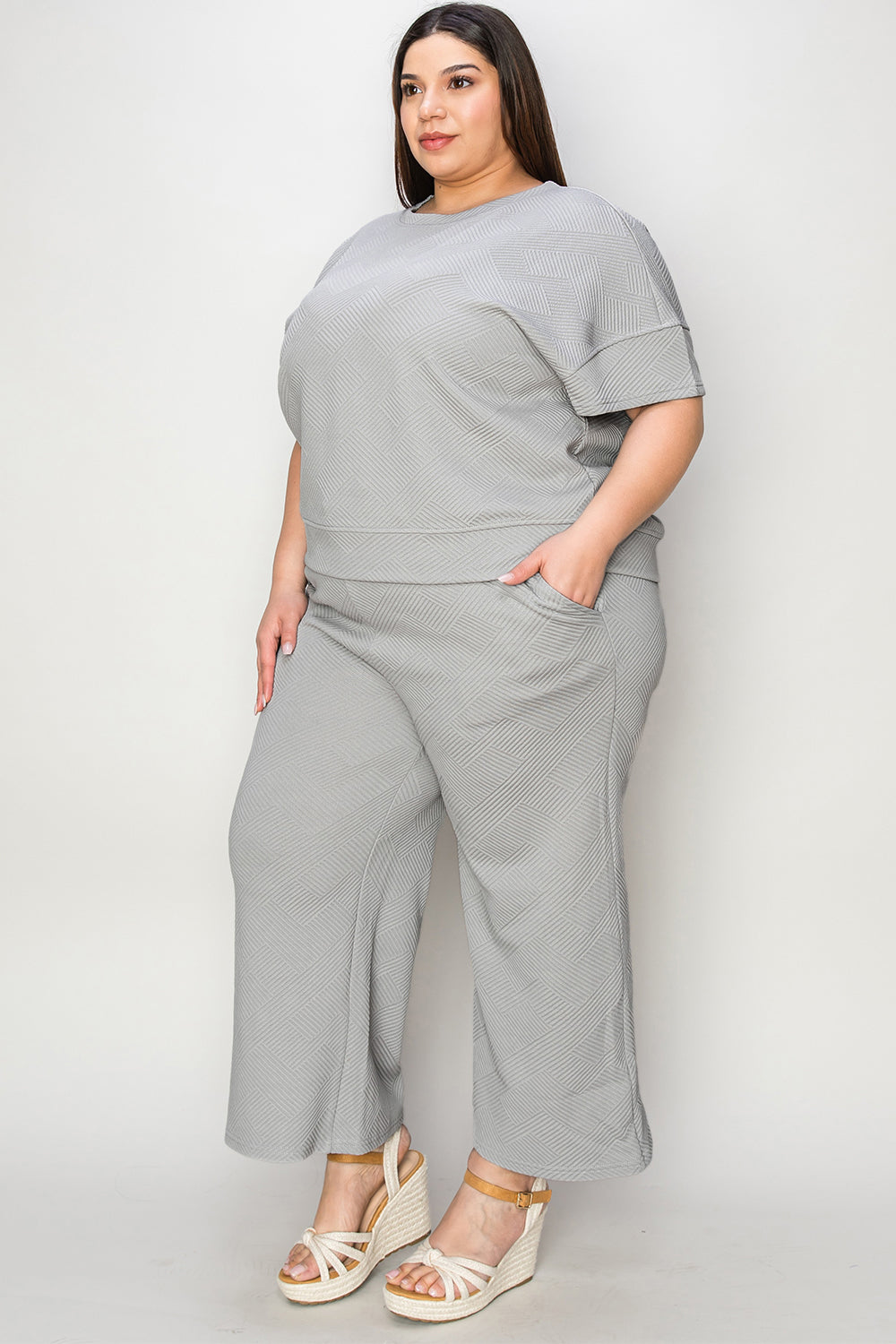 Double Take Full Size Texture Short Sleeve Top and Pants Set