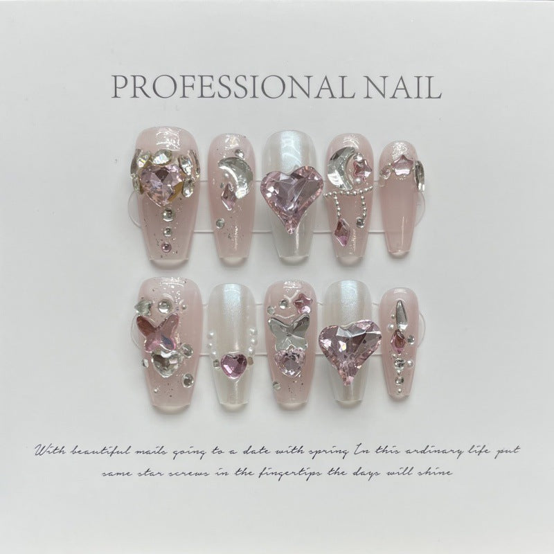 Wear Nail And Diamond Love Rosy Nail Art Light Luxury Full Diamond
