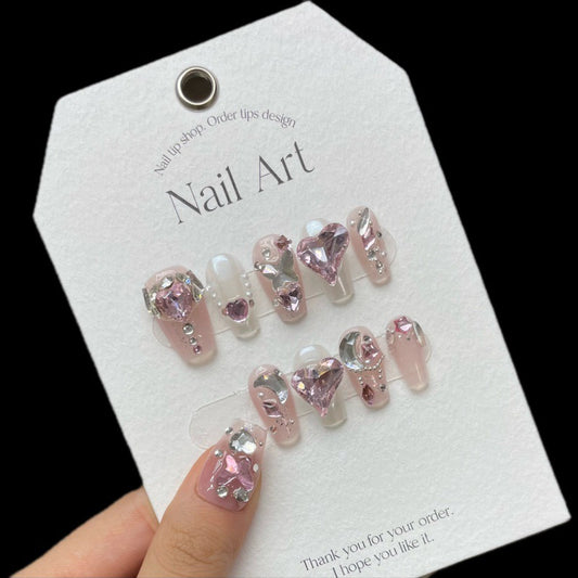 Wear Nail And Diamond Love Rosy Nail Art Light Luxury Full Diamond